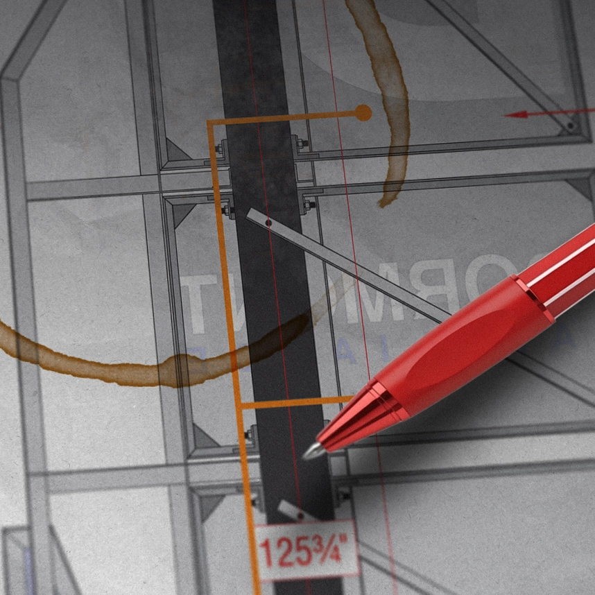 Shop drawing marked up with a red technical pen and dimensions